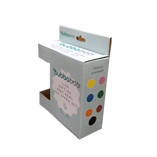 Fsc Papel corrugado impreso personalizado Producto minorista de bambú Cuchara Plato Plato Plato Vajilla Envasado de juguetes Caja de cartón de regalo con orificio para colgar Ventana